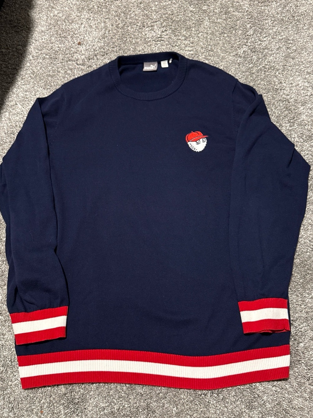 Puma Malbon Golf Navy Crewneck Sweater with Red & White Stripe Trim Mens L